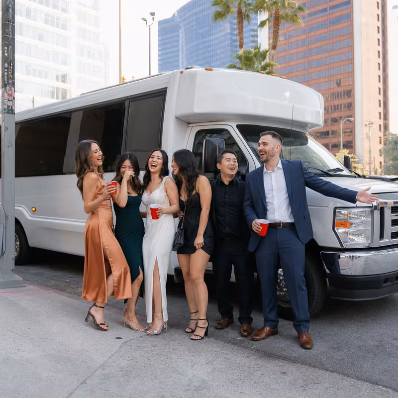 Black Mercedes Sprinter van staged for an Los Angeles Bachelor & Bachelorette Transportation group