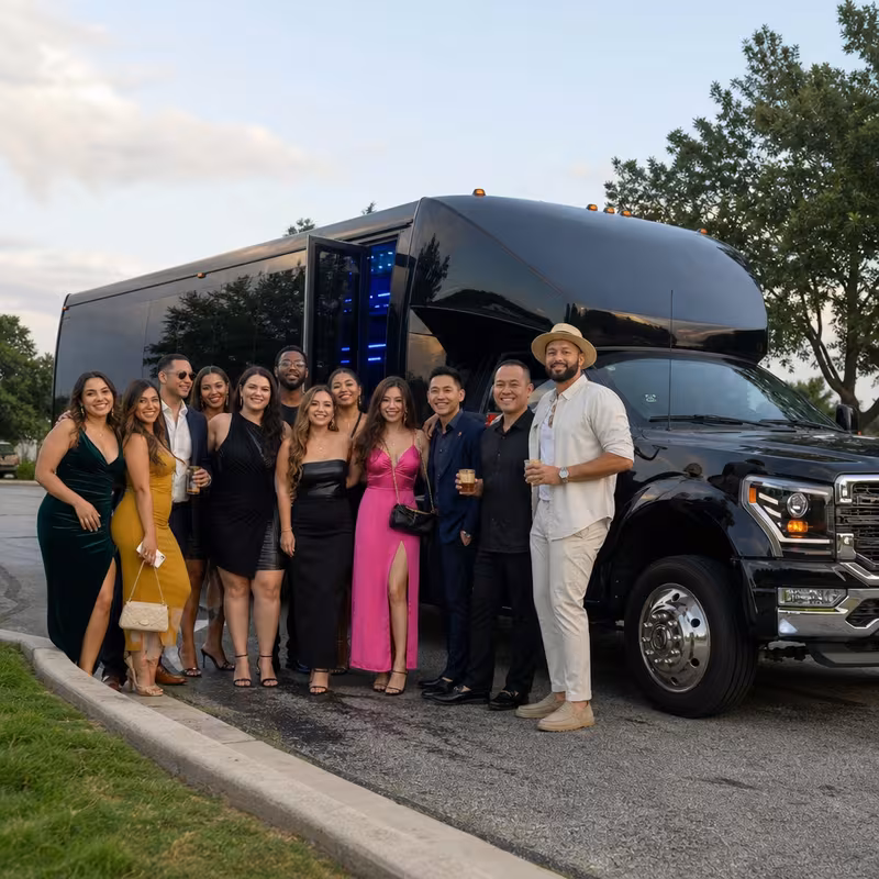 Group boarding a white charter bus for Birthday Transportation transportation in Los Angeles