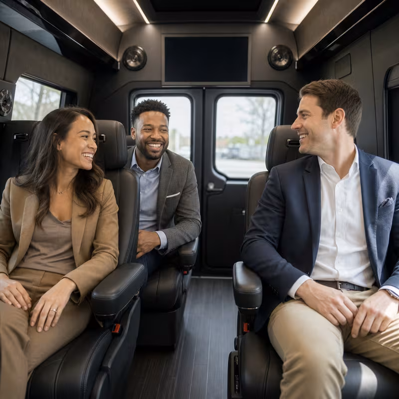 Group boarding a white charter bus for Corporate Transportation transportation in Los Angeles