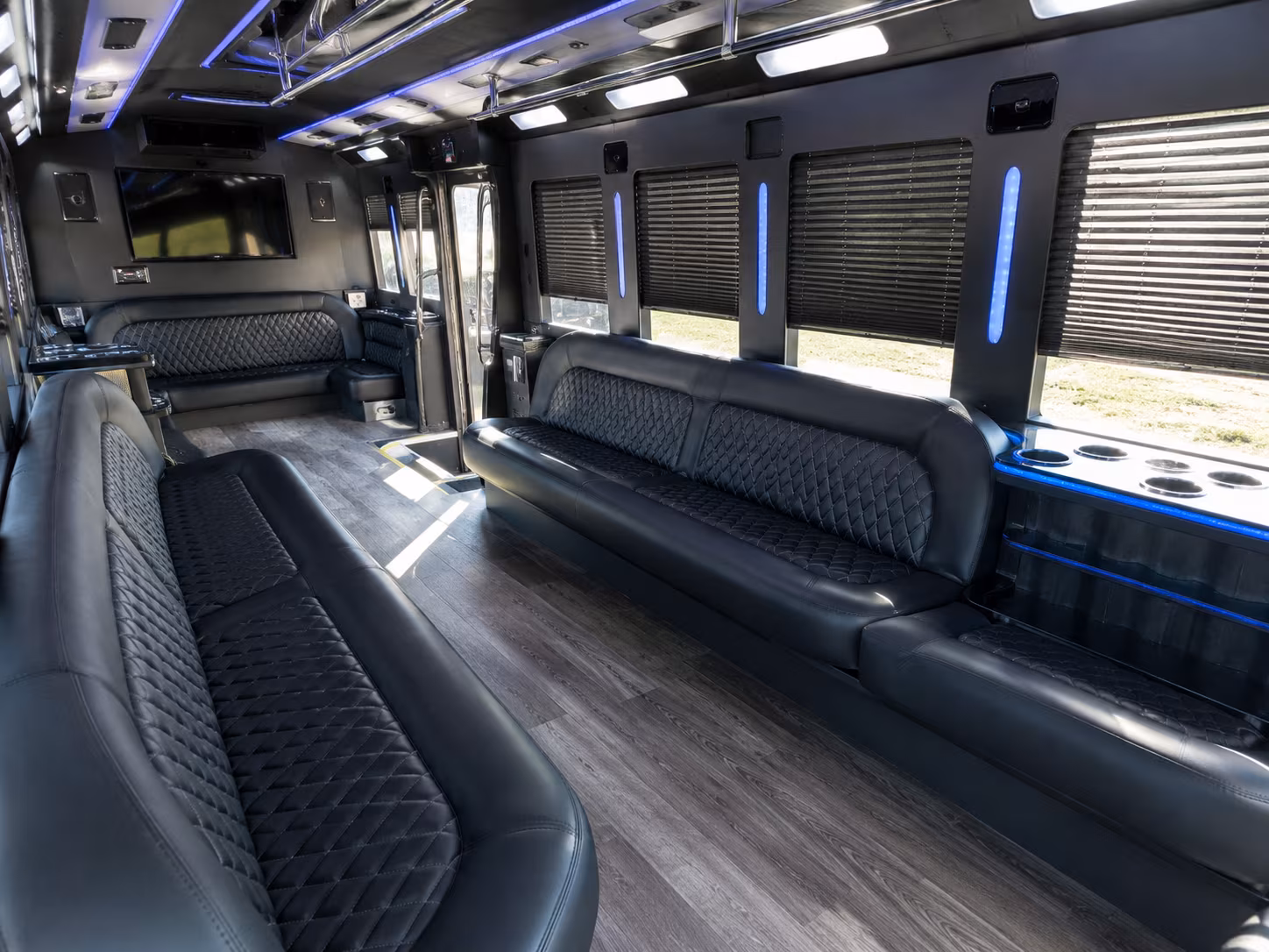 Interior of a party bus rental serving Los Angeles