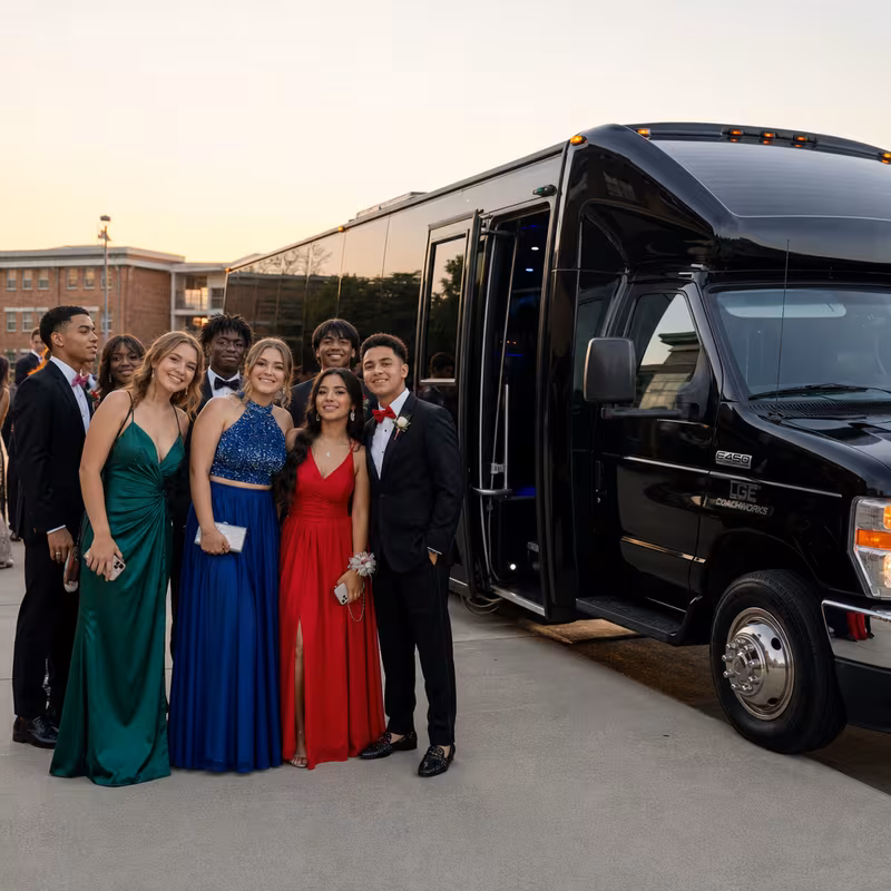 Group boarding a white charter bus for Prom & Homecoming Transportation transportation in Los Angeles