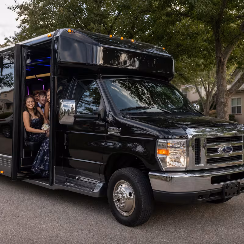 Black Mercedes Sprinter van staged for an Los Angeles Prom & Homecoming Transportation group