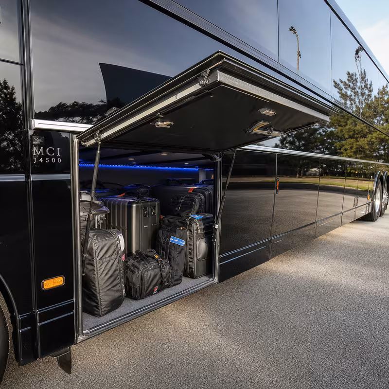 Party bus interior with wraparound leather seating and LED lighting in Los Angeles