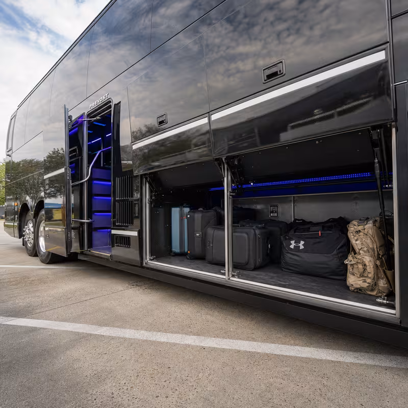 Party bus interior with wraparound leather seating and LED lighting in Los Angeles